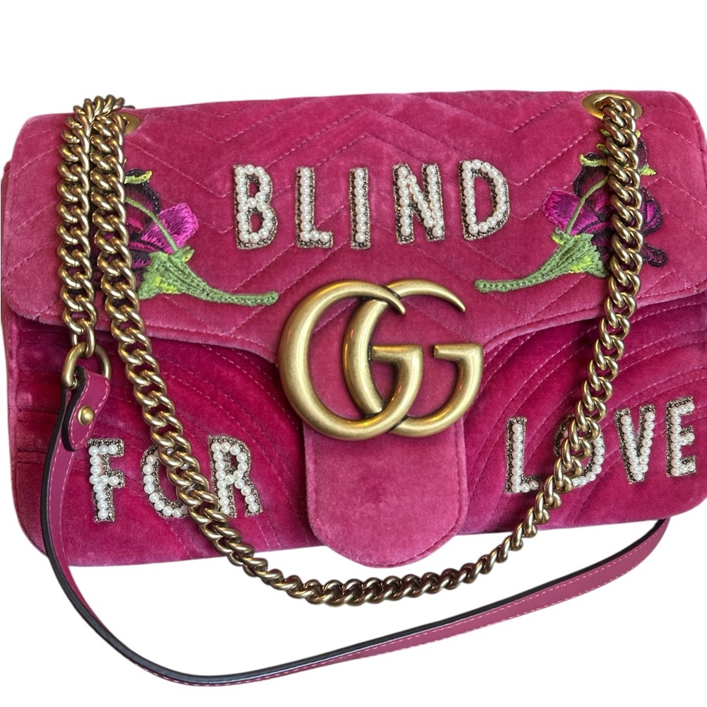 Gucci Pink and Gold Marmont Shoulder Bag with Quilted Velvet